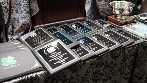 A table with several 4-H volunteer awards to be given to recipients at the annual North Carolina 4-H Volunteer Leaders' Conference.