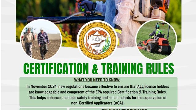 Image of a pesticide applicator with information below that explains the new requirments pesticide applicators must meet
