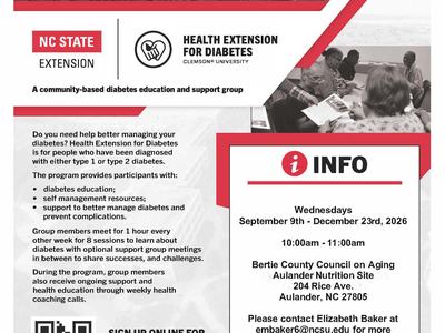 Free diabetes education — Wednesdays September 9th–December 23, 2026, 10–11am at Bertie County Council on Aging Aulander Nutrition Site, 204 Rice Ave. Aulander, NC 27805