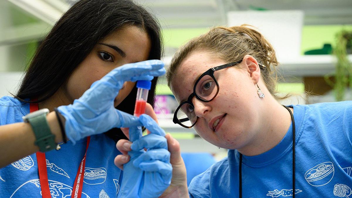 Two women look at a test tube filled with DNA from a strawberry plant