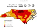 Color Coded Drought Map of NC showing most of the state in moderate to Exceptional drought.  With North Central and South Central the driest