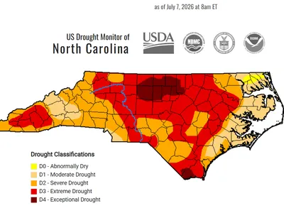 Color Coded Drought Map of NC showing most of the state in moderate to Exceptional drought.  With North Central and South Central the driest