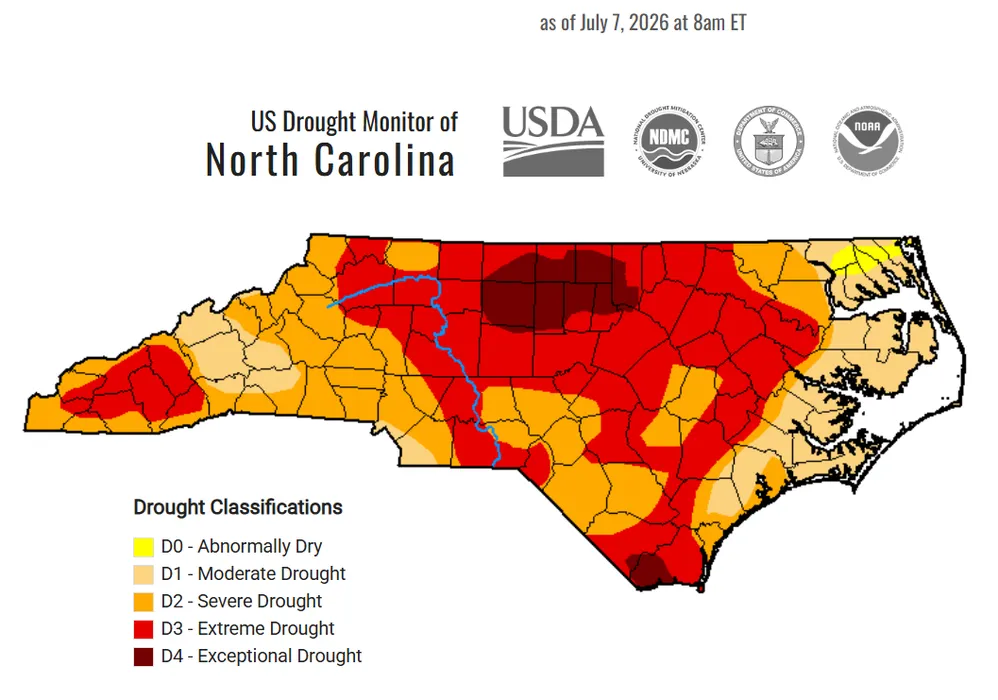 Color Coded Drought Map of NC showing most of the state in moderate to Exceptional drought.  With North Central and South Central the driest