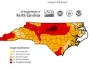 NC map color-coded by drought classification on 6/9/26. It shows the entire state is abnormally dry; most is in at least a moderate drought; the north-central, western & southern areas are in extreme drought; and 6 NC counties are in exceptional drought.