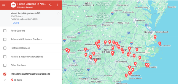 Screenshot of NC Public Gardens map showing only Extension Demonstration Garden locations