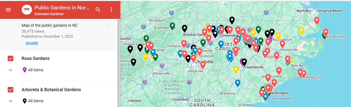 Screenshot of Public Gardens Map, showing NC Map with pins at garden sites and categories for searching.