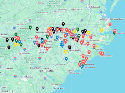 Map of North Carolina with pins in public gardens. Side bar with categories of gardens