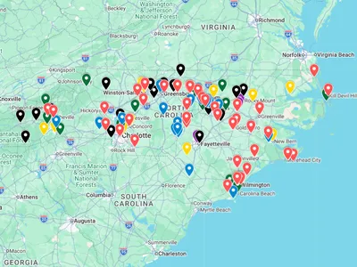 Map of North Carolina with pins in public gardens. Side bar with categories of gardens
