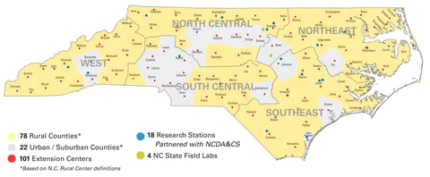 A state map of North Carolina showing NC State's vast Extension and research network with local facilities statewide.