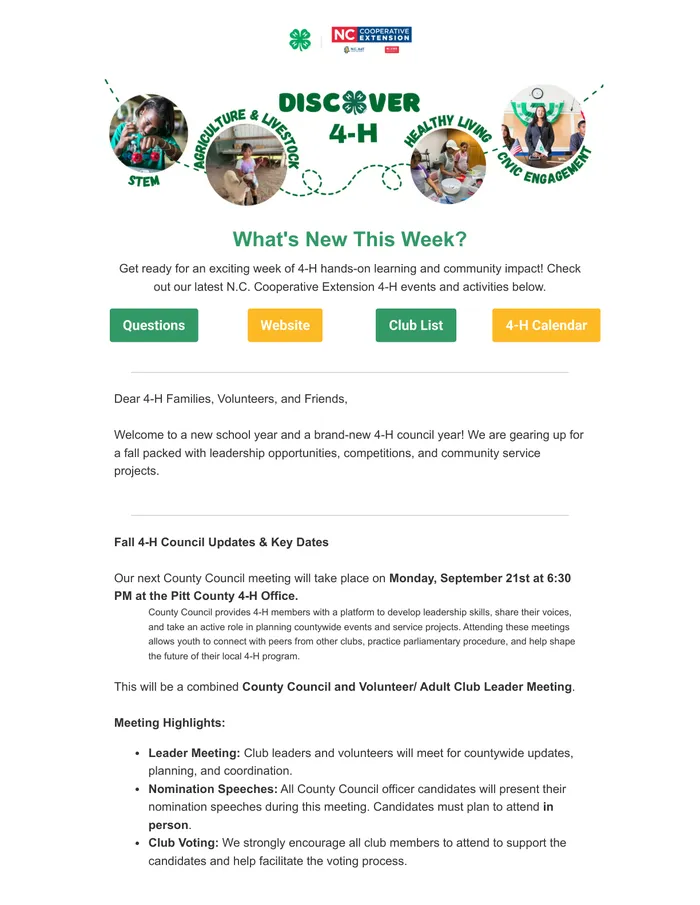 Pitt County 4-H newsletter promoting fall events, council updates, leadership opportunities, and community programs.