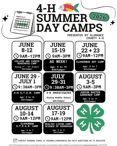 Alamance County 4-H Summer Day Camp options for 2026