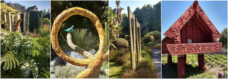 A colleague illustrates the diversity of plants, artwork and cultural structures found in New Zealand gardens.