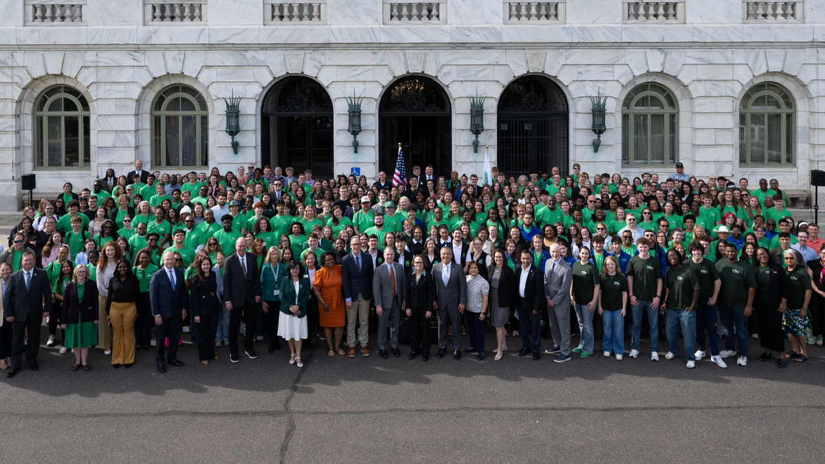 National 4-H Conference delegates gathered for a group photo outside a U.S. Department of Agriculture headquarters in Washington, D.C.