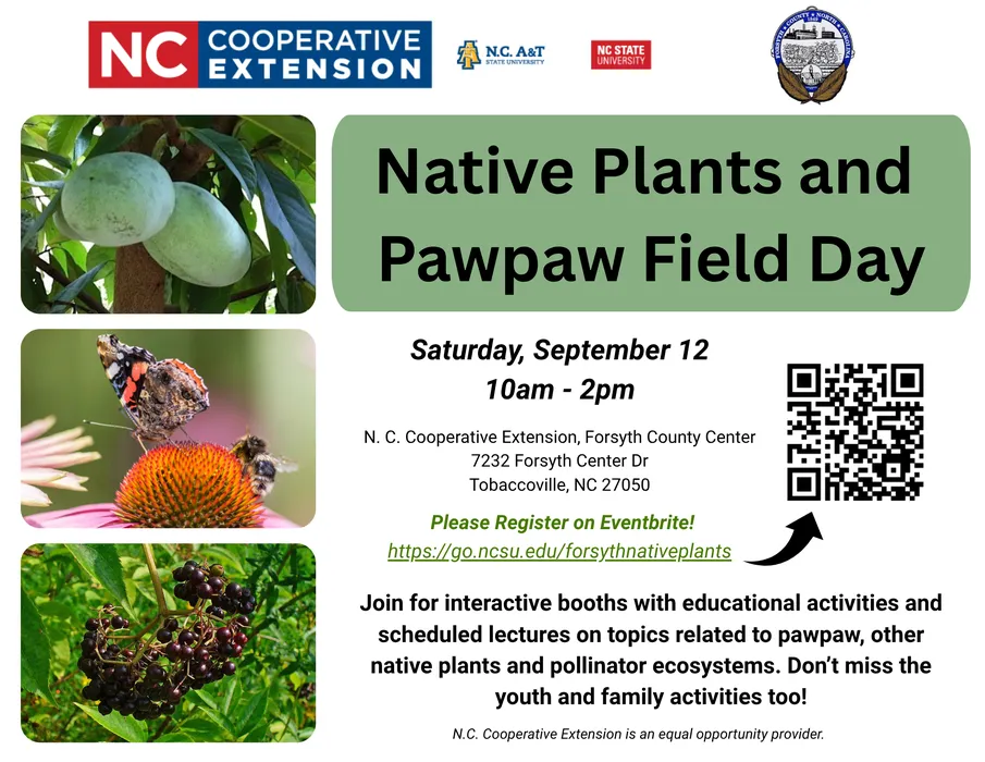 Native Plants and Pawpaw Field Day event information - Saturday, September 12 from 10 AM to 2 PM. Including photos of pawpaw fruit and plants with pollinators.