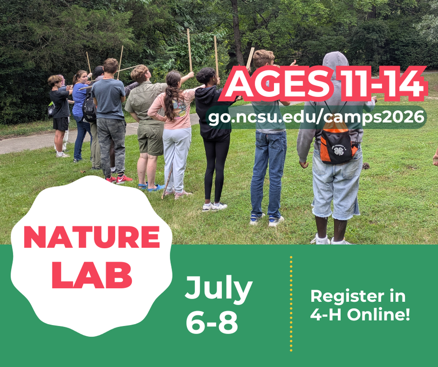 Nature Lab, camp for ages 11-14, go.ncsu.edu/camps2026, register in 4-H online