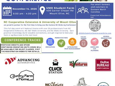 Flyer for the 5th Annual Eastern NC Niche Ag Conference on November 14, 2026, from 8:00 AM to 4:00 PM at the UMO Student Farm in Mount Olive, NC. Features 6 tracks for small farmers and ranchers, including irrigation, permaculture, IPM, value-added, herb/
