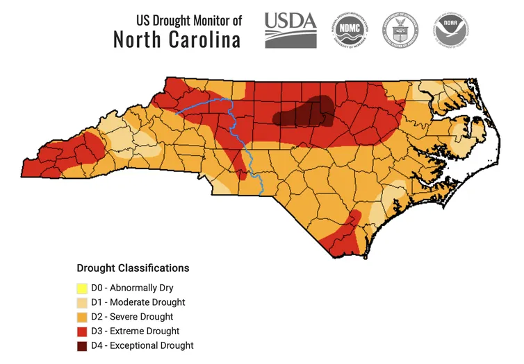 U.S. Drought Monitor map illustrating drought conditions across North Carolina as of June 9, 2026.