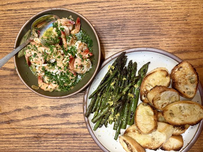 North Carolina shrimp, toasted breaded, and a side of asparagus. Photo courtesy of Morgan King.