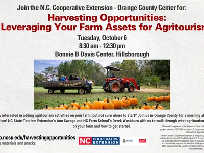 Are you interested in adding agritourism activities on your farm, but not sure where to start? Join us in Orange County for a morning all about agritourism! Picture of tractor pulling trailer of guests through pumpkin patch.