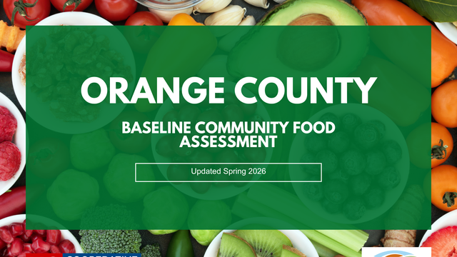 Orange County Baseline Community Food Assessment Updated Spring 2026.  With logos of NC Cooperative Extension and Orange County NC.  Nondiscrimination statement included.