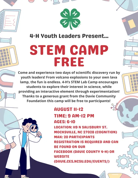 Come and experience two days of scientific discovery run by youth leaders! From volcano explosions to your own lava lamp, the fun is endless. 4-H’s STEM Lab Camp encourages students to explore their interest in science, while providing an interactive elem
