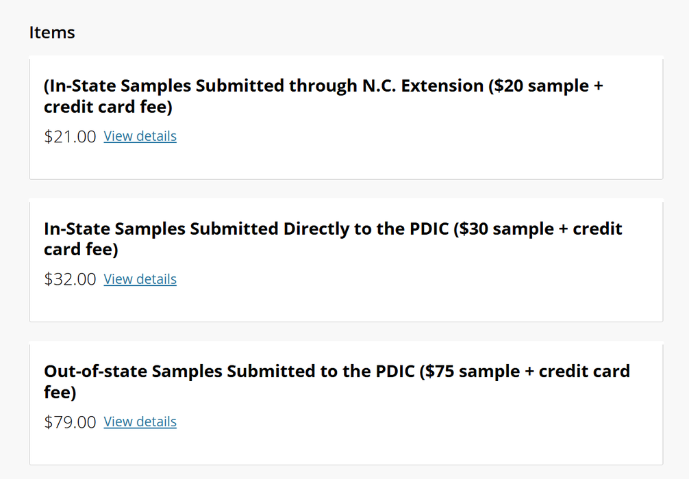 A screenshot showing the home page of the PDIC credit card store, with items pertaining to each of the normal samples types (extension, direct, and out-of-state)