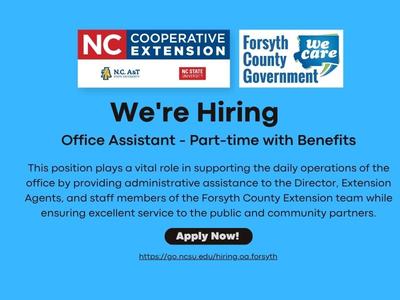 N.C. Cooperative Extension logo, Forsyth County We Care logo and information about the job that is included in the text and job posting.