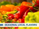 Side view of different color peppers with Extension logo and text saying "Seasonal Local Flavors"