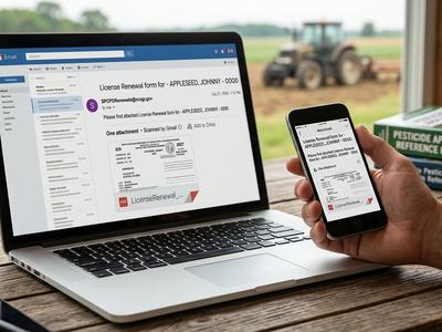 Laptop and phone showing email from NCDA for pesticide renewal.