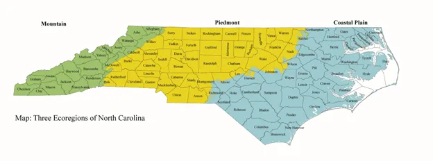 Map showing Coastal Plain, Piedmont, and Mountain regions