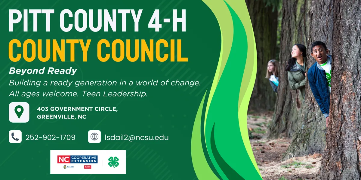 Promotional banner for Pitt County 4-H County Council featuring contact details and a photo of youth peeking playfully from behind trees in a forest.