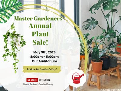 A picture of a variety of plants with the date and time of the master gardeners plant sale including their watering can logo