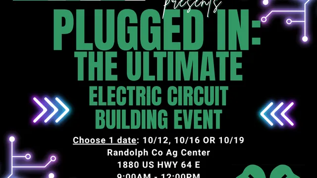STEM Activity: Using Snap Circuits 
Age: 8-10 Year olds
Choose one day: 10/12, 10/16 OR 10/19
9:00AM - 12:00PM
Randolph County Ag Center
1880 US HWY 64 E
Asheboro, NC 27203