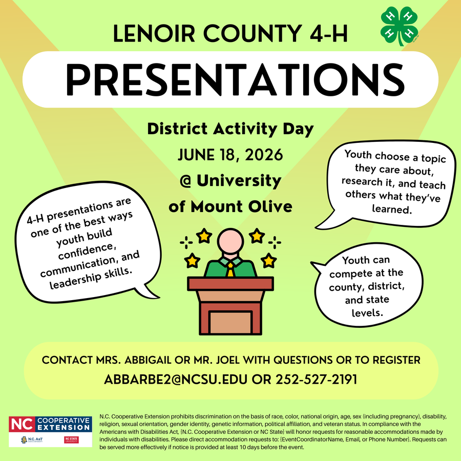 4-H Presentations in Lenoir County. District Activity Day June 18, 2026 at University of Mount Olive.