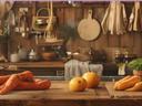 Vintage photograph of a country kitchen with fresh veggies and canned produce displayed on the counter.