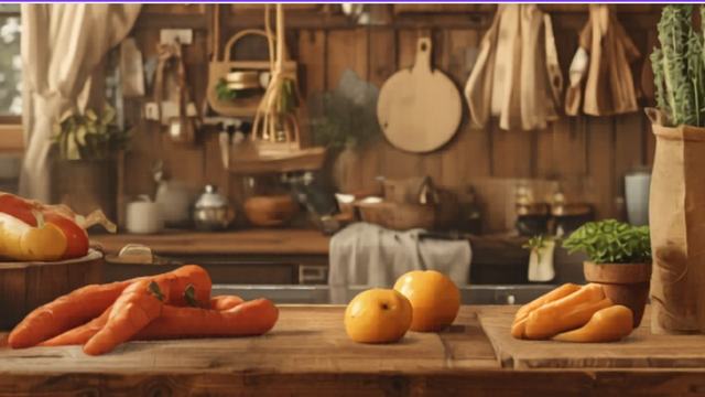 Vintage photograph of a country kitchen with fresh veggies and canned produce displayed on the counter.