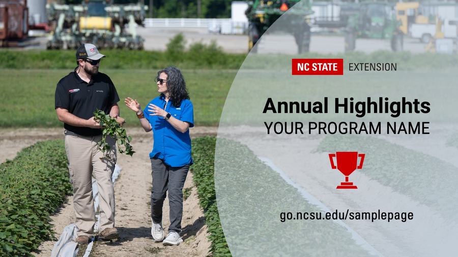 An Extension agent speaks with a farmer in a sweetpotato field next to text that reads: Annual Highlights – Your Program Name.