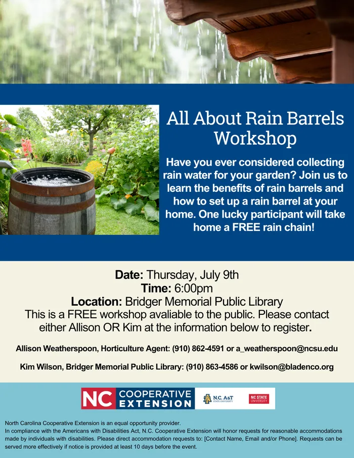 a flyer describing the upcoming rain barrel workshop. It repeats the same information as the text below.