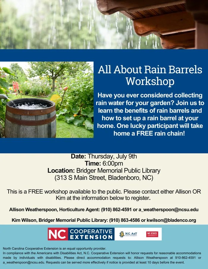 a flyer describing the upcoming rain barrel workshop. It repeats the same information as the text below.