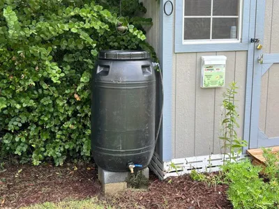 Black rain barrel on concrete blocks beside a home, with a spigot near the bottom for collecting water.