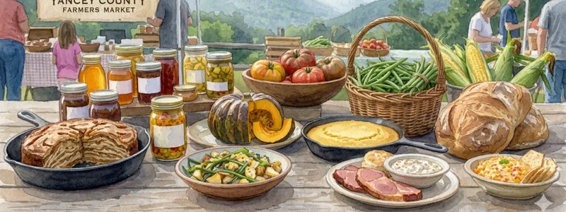A watercolor illustration of the Blue Ridge Mountains, a local farmer's market, and a picnic table with traditional Appalachian foods.