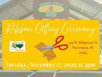 A large outdoor pavilion with a metal sign that says Warren County Farmers Market with yellow and orange rays of sunshine and a basket of produce. An animated pair of scissors cutting a gold ribbon.