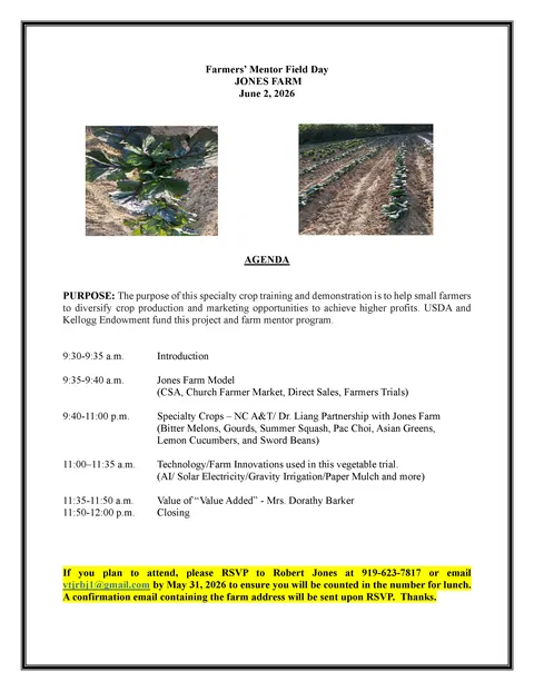 Farmers' Mentor Field Day at Jones Farm flyer, tobacco plants, agenda and registration information