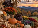 autumn harvest with fall landscape, pumpkins and mums