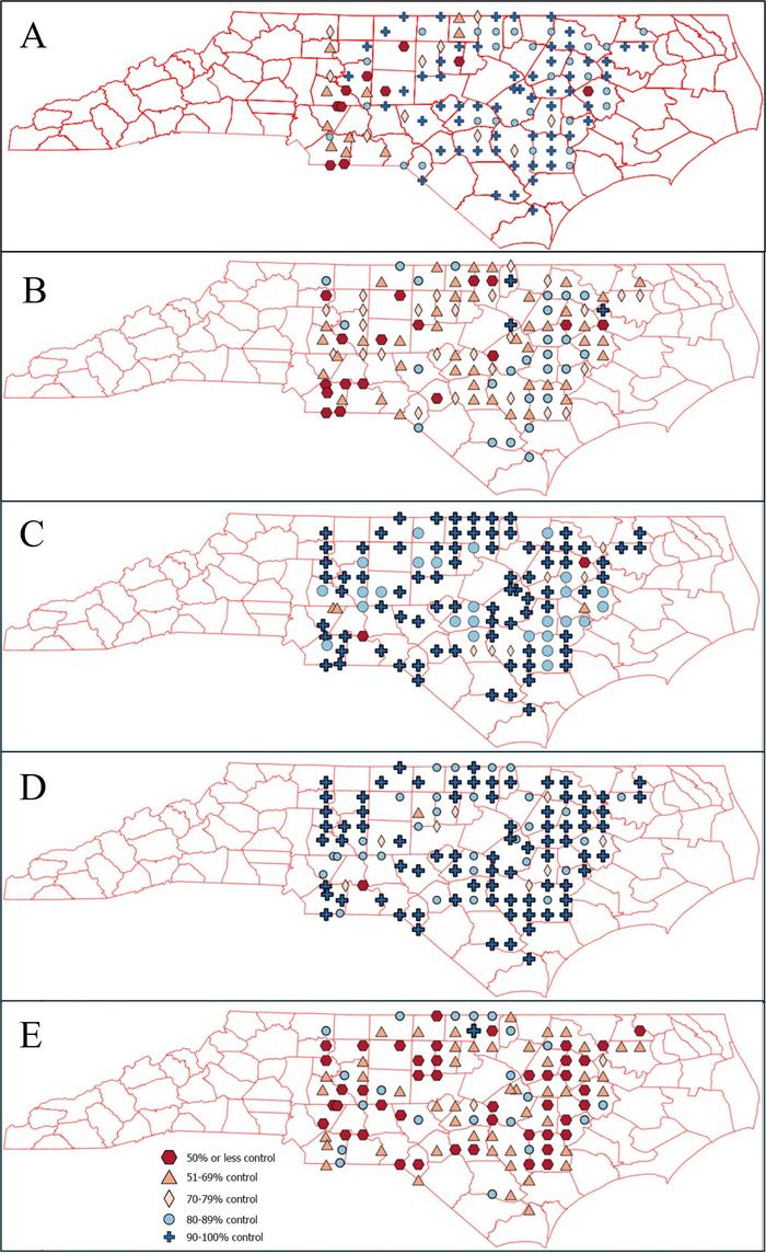 Image depicting the distribution and control of Italian ryegrass populations to mesosulfuron (A), pinoxaden (B), glyphosate (C), paraquat (D), and glufosinate (E).