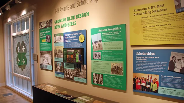 Interior exhibit featuring historical photographs, informational panels and memorabilia highlighting North Carolina 4-H awards, scholarships, competitions and national recognition. A glass display case holds ribbons, medals and other artifacts, with a sta