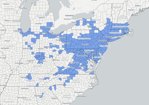Map of eastern US, with blue counties indicating where SLF is present