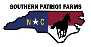 Southern Patriot Farms logo (the NC state outline with the flag in the back ground with a horse)
