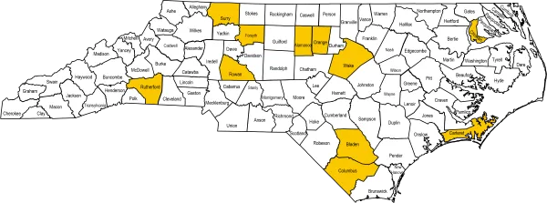 A map of North Carolina with participating counties shaded in gold.
