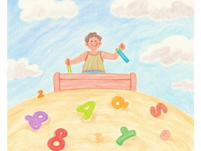 A pencil sketch of a child playing in a sandbox on a beautiful day. His toys are brightly colored numbers and symbols.